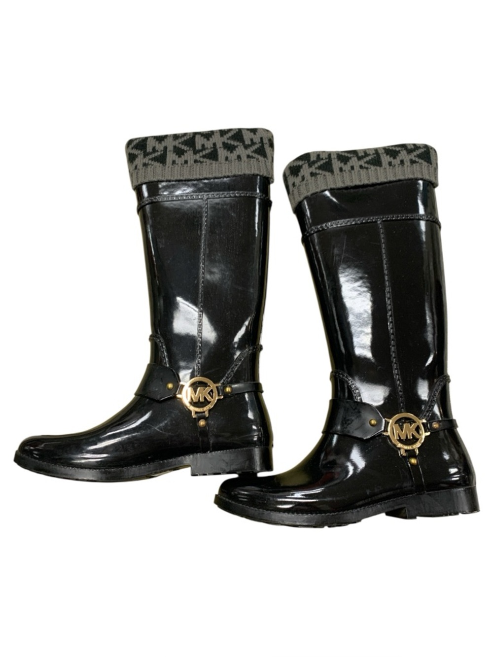 Michael Kors Black Patent Rain Boots with Logo Cuff S8